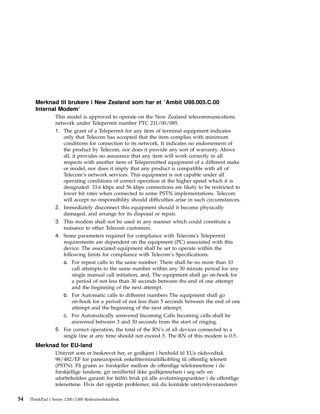 IBM 1300, 1200 manual Merknad til brukere i New Zealand som har et, Merknad for EU-land 