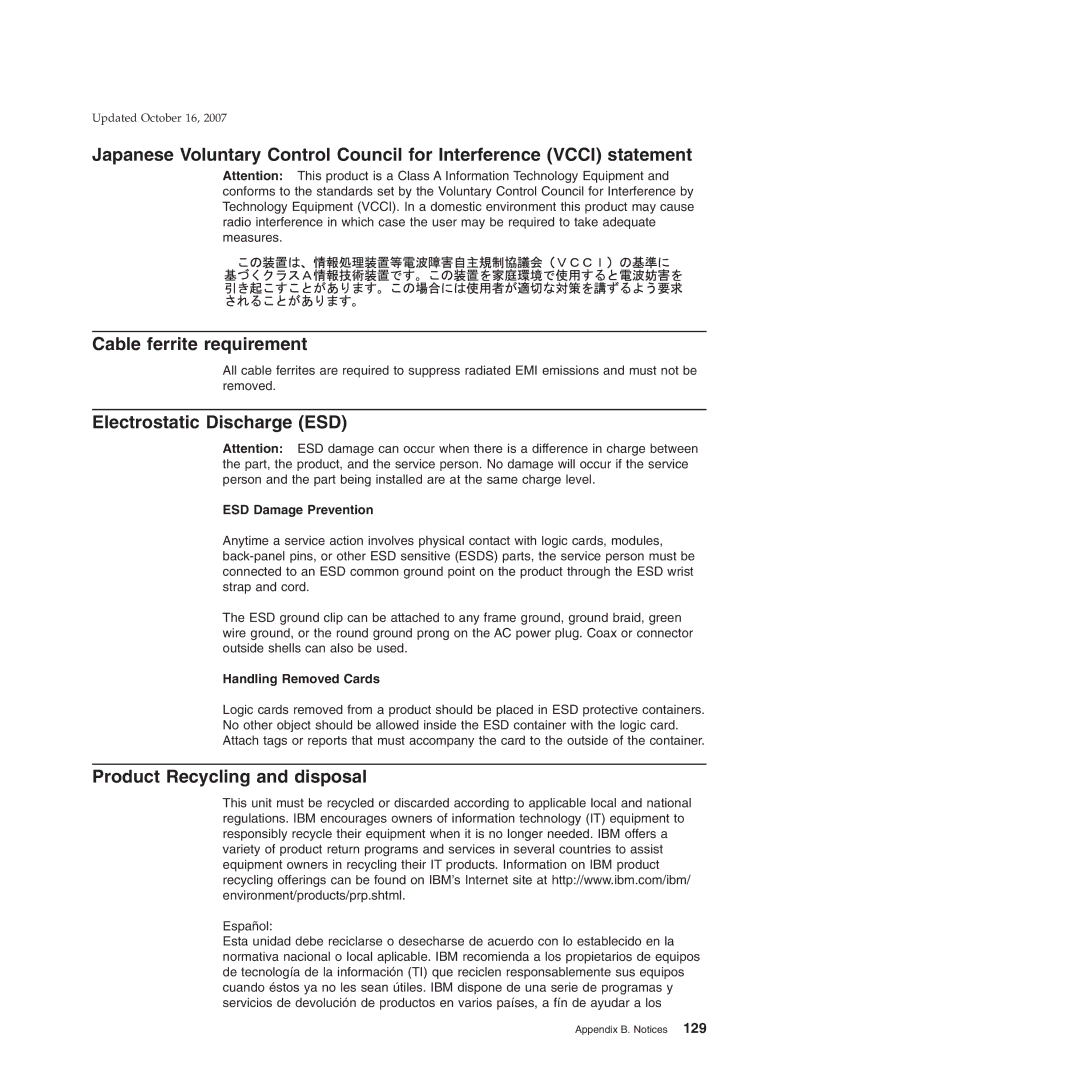 IBM 6xx, 131, 171, BW3, 8xx, 15x manual Electrostatic Discharge ESD, Product Recycling and disposal 