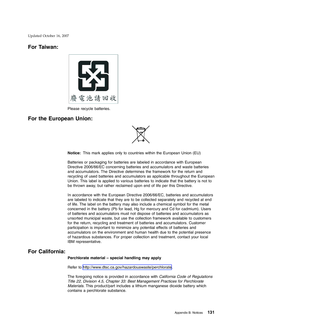 IBM 15x, 131, 171, BW3, 6xx, 8xx manual For Taiwan, For the European Union, For California 