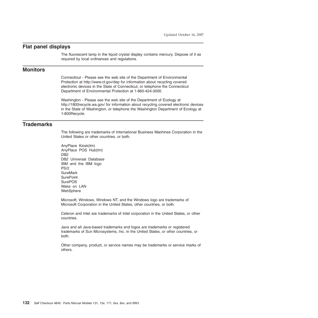 IBM 131, 171, BW3, 6xx, 8xx, 15x manual Flat panel displays, Monitors, Trademarks 