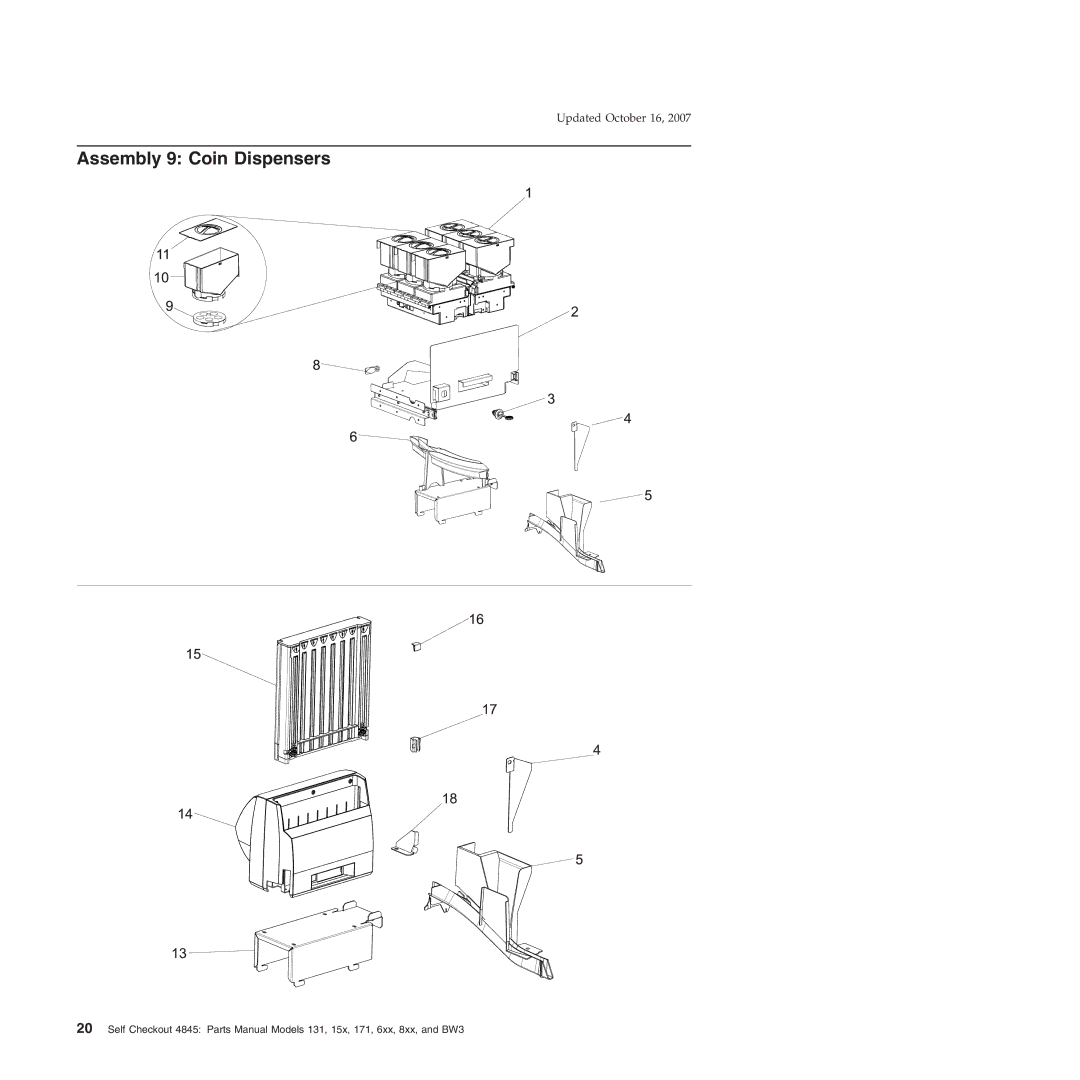 IBM BW3, 131, 171, 6xx, 8xx, 15x manual Assembly 9 Coin Dispensers 