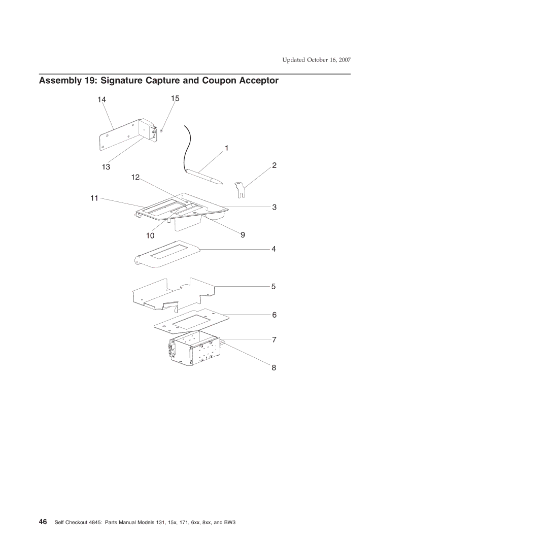 IBM 8xx, 131, 171, BW3, 6xx, 15x manual Assembly 19 Signature Capture and Coupon Acceptor, 1415 109 