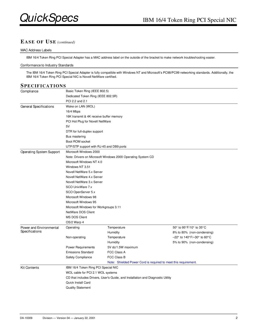 IBM 133749-B21 manual Pecifications 