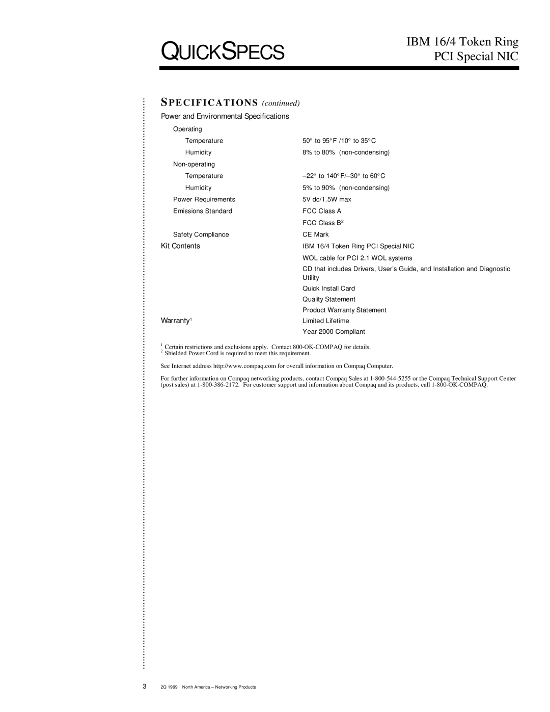 IBM 133749-B21 manual Power and Environmental Specifications, Kit Contents, Warranty 