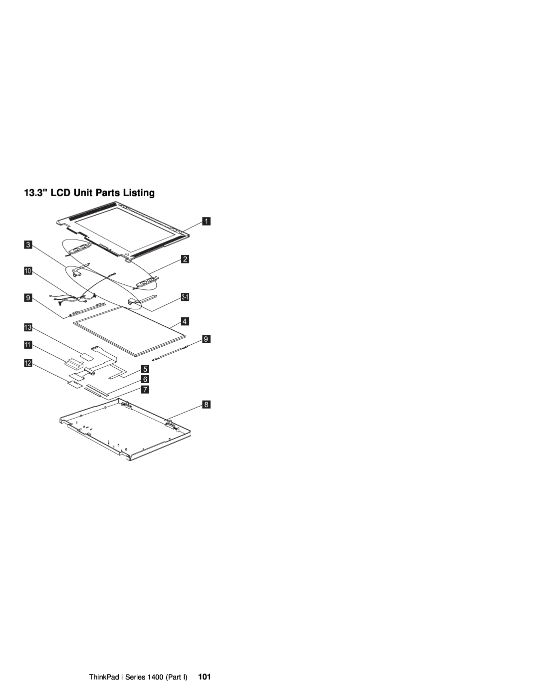 IBM 1400 (2611) manual LCD Unit Parts Listing, ThinkPad i Series 1400 101Part 