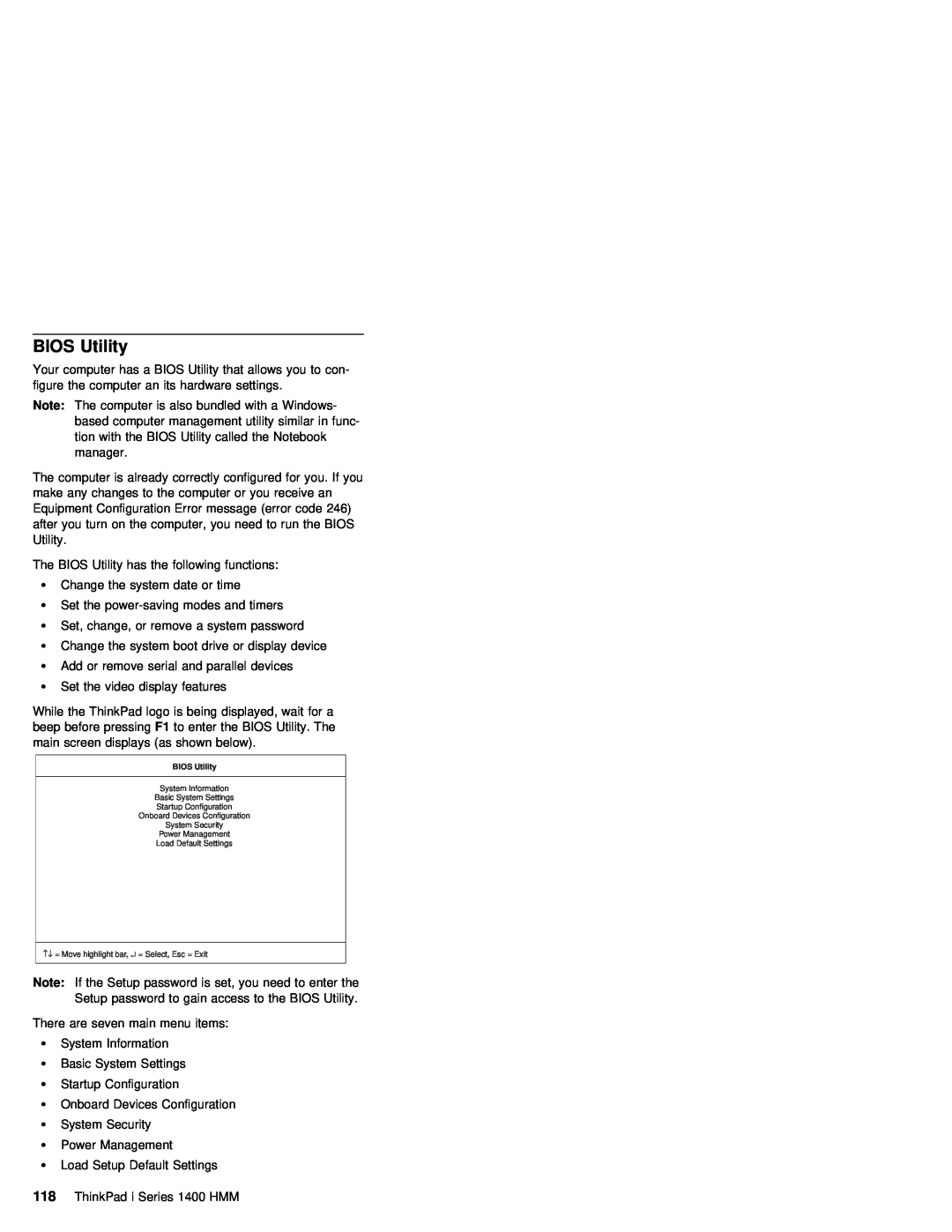 IBM 1400 (2611) manual BIOS Utility, System Information Basic System Settings Startup Configuration 