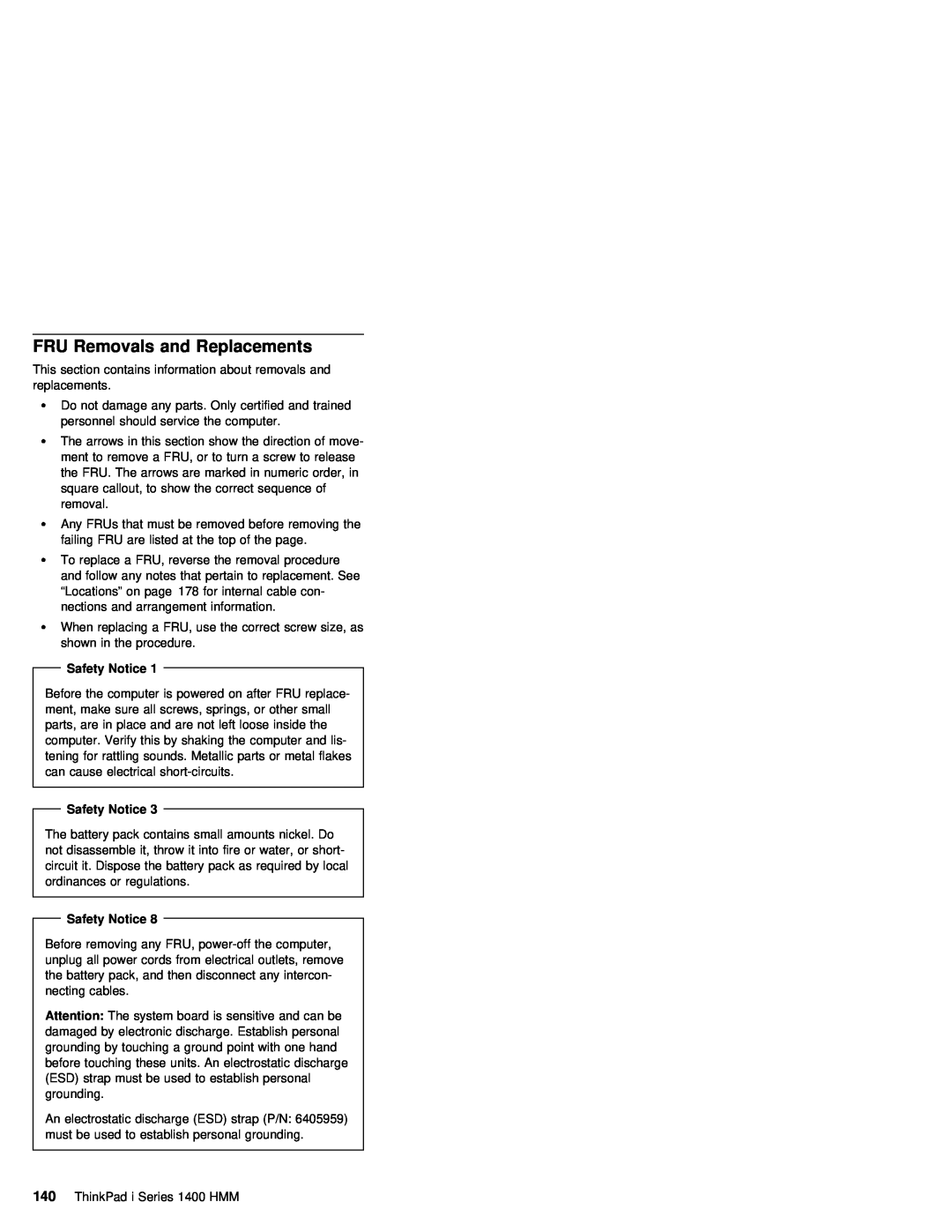IBM 1400 (2611) manual FRU Removals and Replacements, Safety Notice 