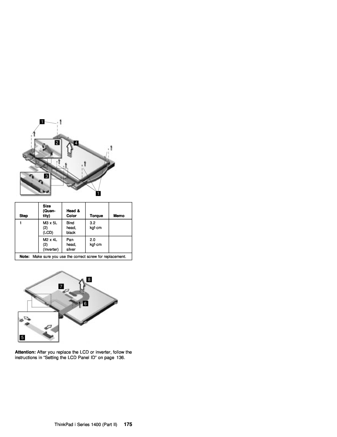 IBM 1400 (2611) manual ThinkPad i Series 1400 Part175, Size, Quan, Head, Step, tity, Color, Torque, Memo 