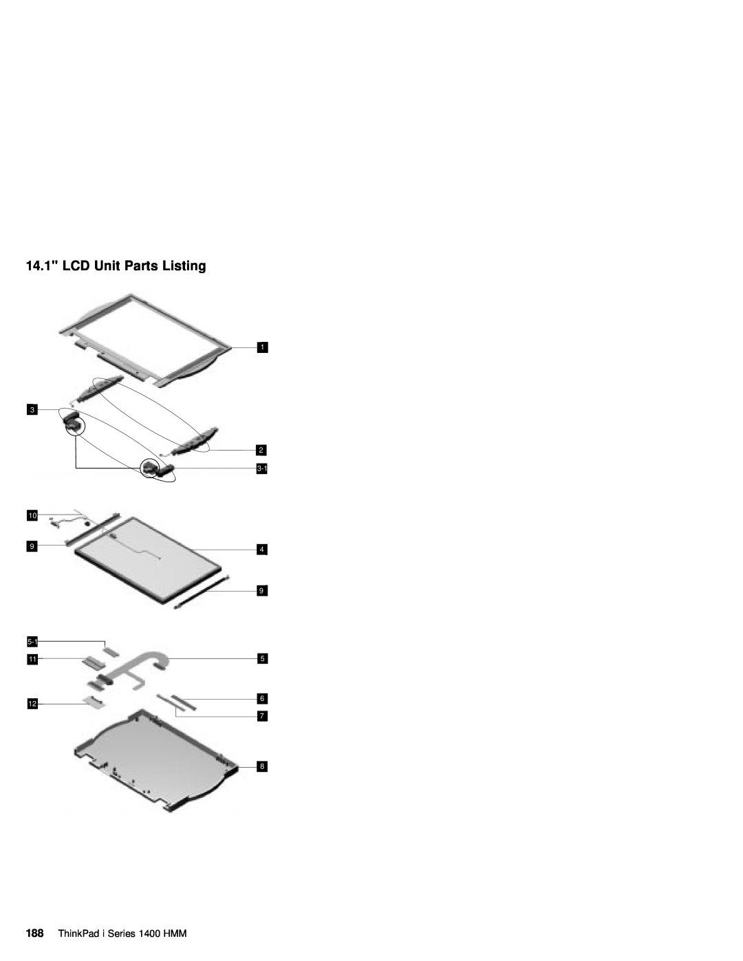 IBM 1400 (2611) manual LCD Unit Parts Listing, ThinkPad i Series 1400 HMM 