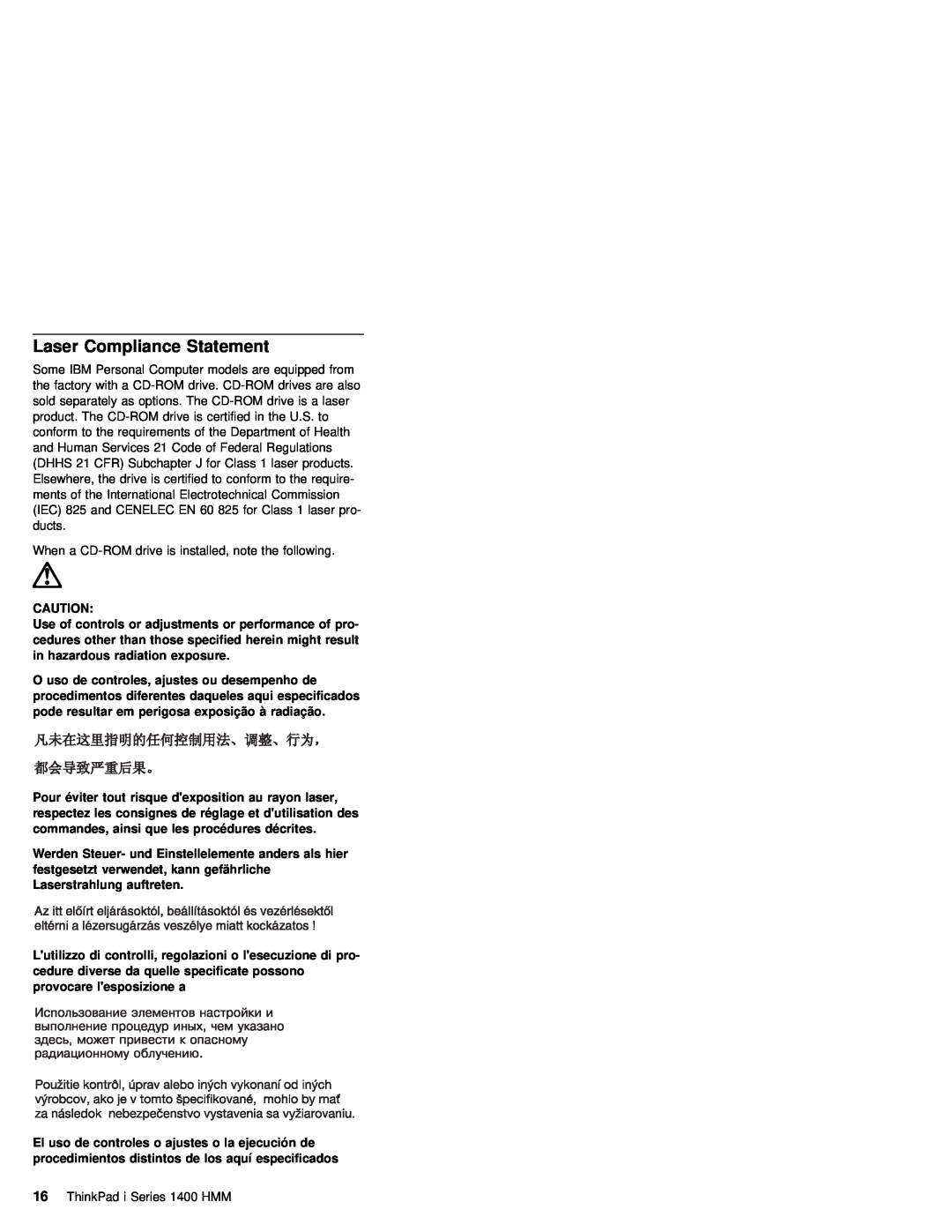 IBM 1400 (2611) manual Laser Compliance Statement 