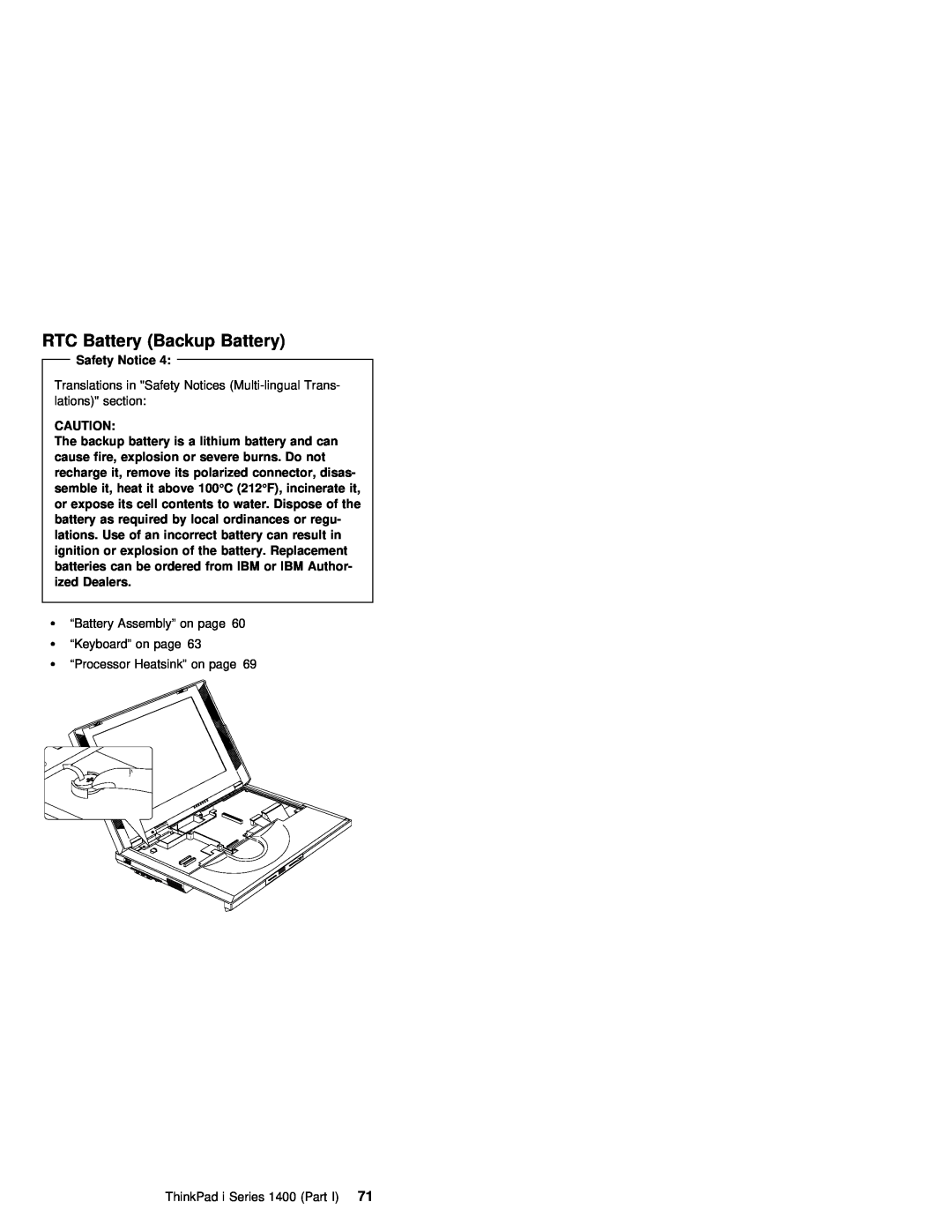 IBM 1400 (2611) manual RTC Battery Backup Battery, severe burns, Dealers 