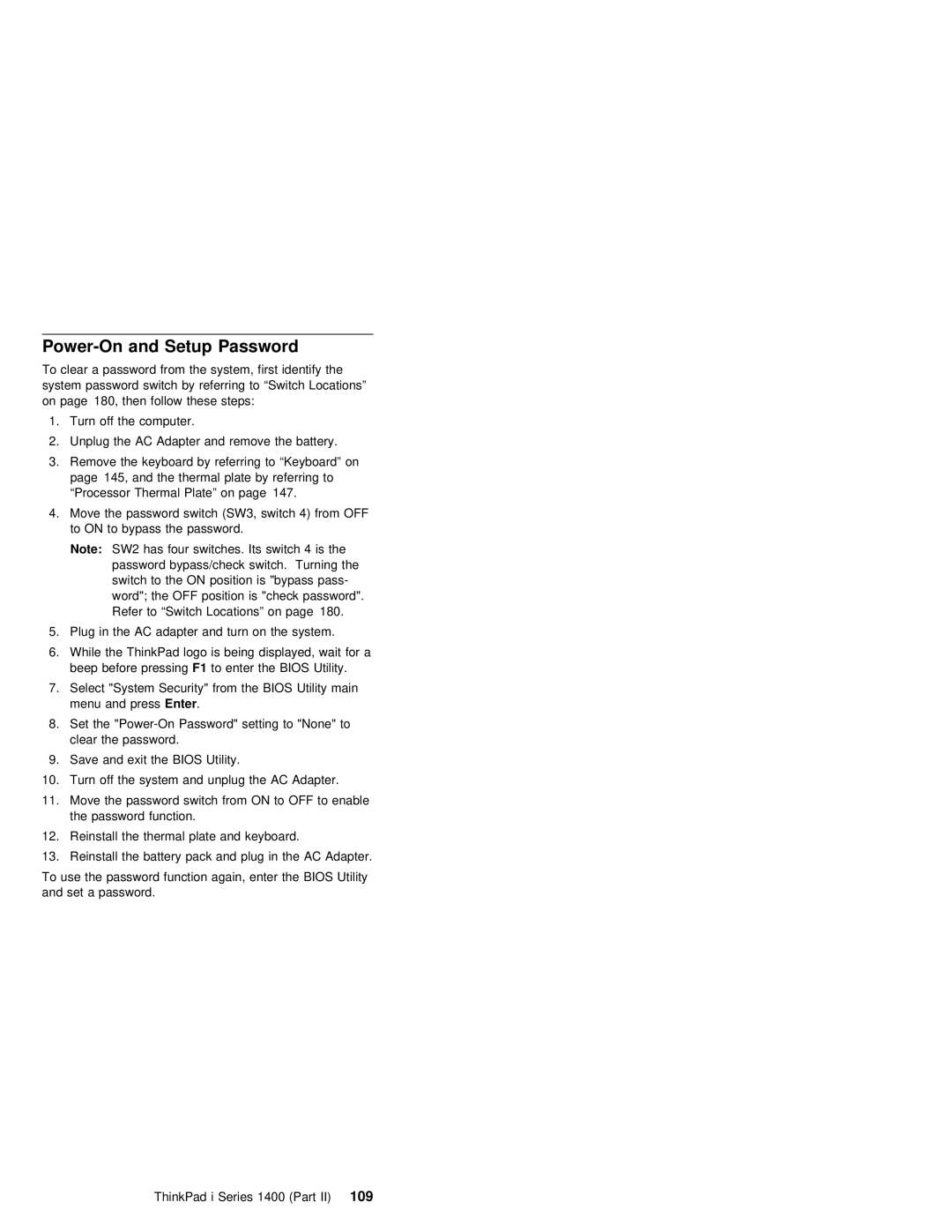 IBM 1400 (2611) manual Power-On and Setup Password 