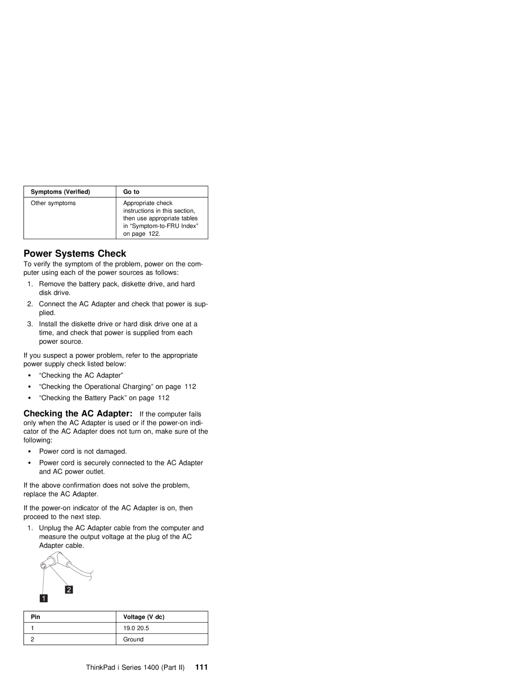 IBM 1400 (2611) manual Power Systems Check, ThinkPad i Series 1400 Part111 