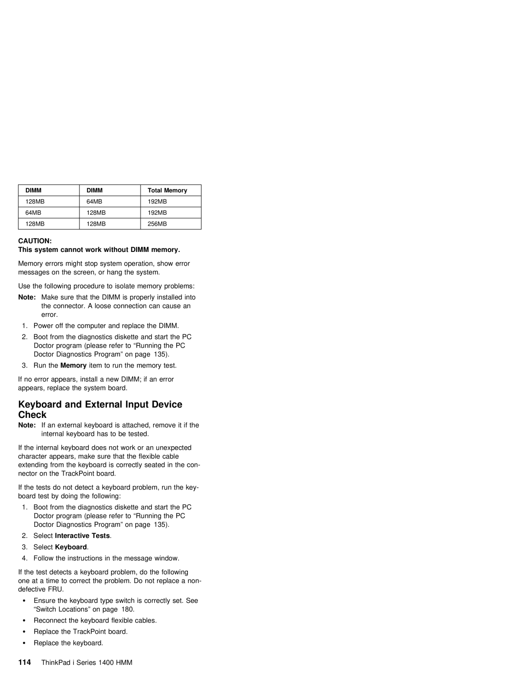 IBM 1400 (2611) manual SelectInteractive Tests SelectKeyboard, Cannot work without Dimm 