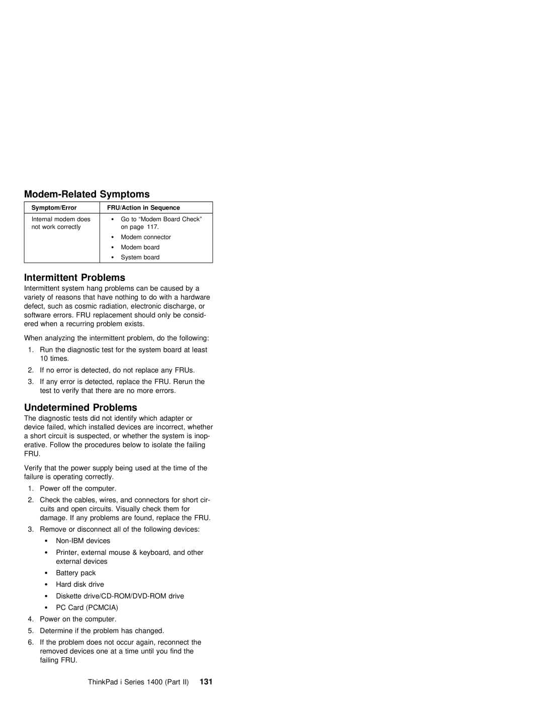 IBM 1400 (2611) manual Modem-Related Symptoms 