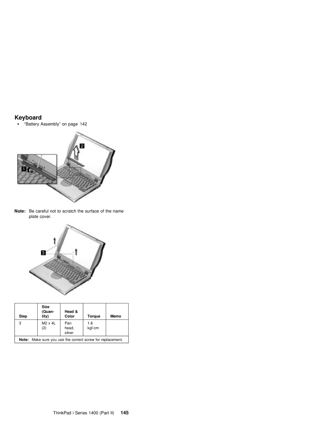 IBM 1400 (2611) manual ThinkPad i Series 1400 Part145, Size Quan Head Step Tity Color Torque Memo 