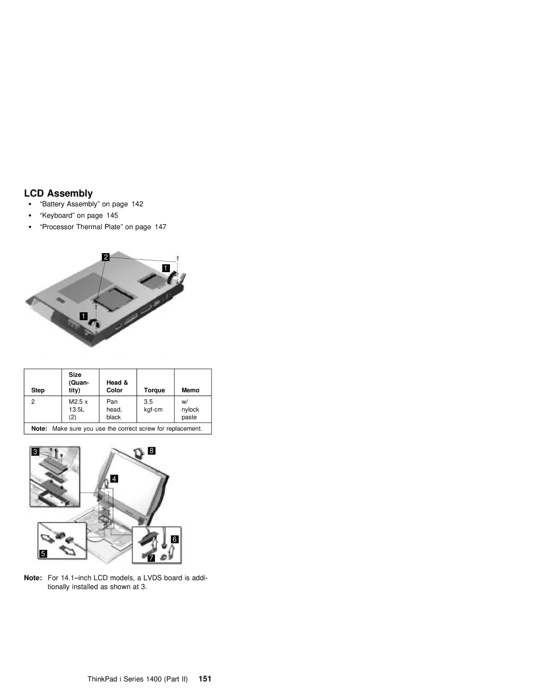 IBM 1400 (2611) manual LCD Assembly, ThinkPad i Series 1400 Part151 