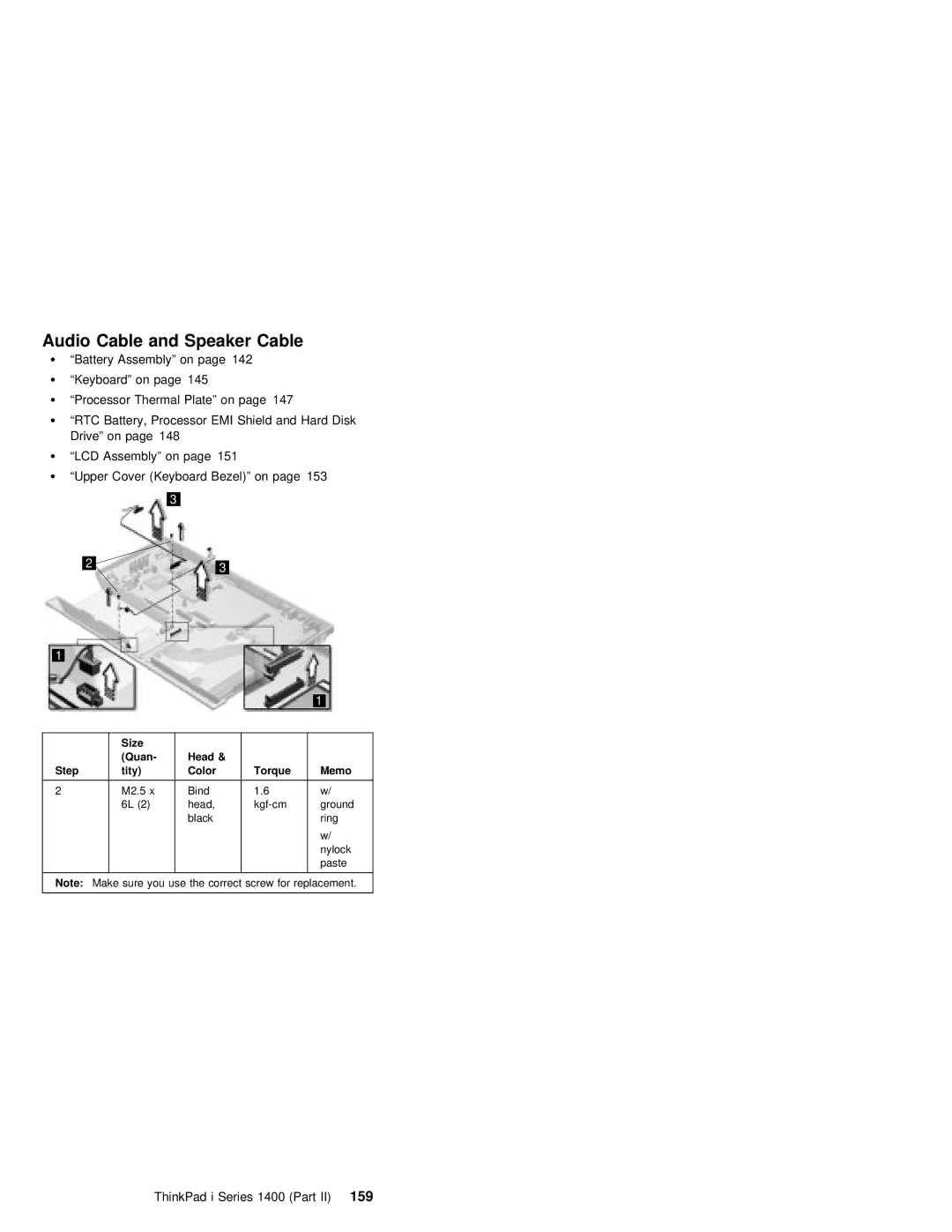 IBM 1400 (2611) manual Audio Cable and Speaker Cable, ThinkPad i Series 1400 Part159 