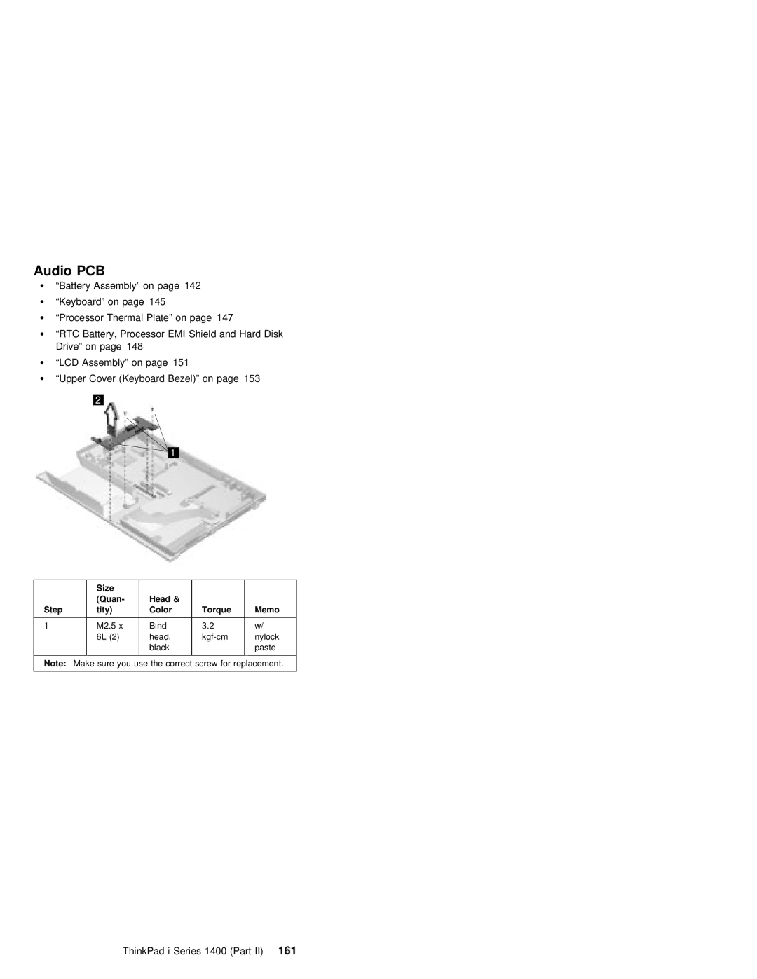 IBM 1400 (2611) manual Audio PCB, ThinkPad i Series 1400 Part161 