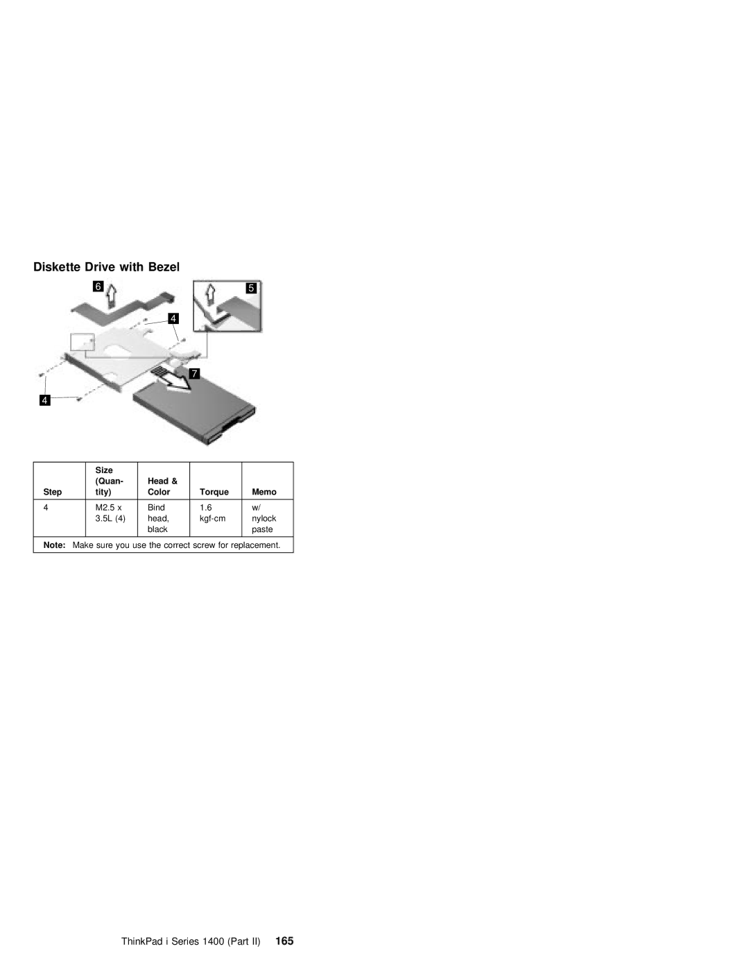 IBM 1400 (2611) manual Diskette Drive with Bezel, ThinkPad i Series 1400 Part165 