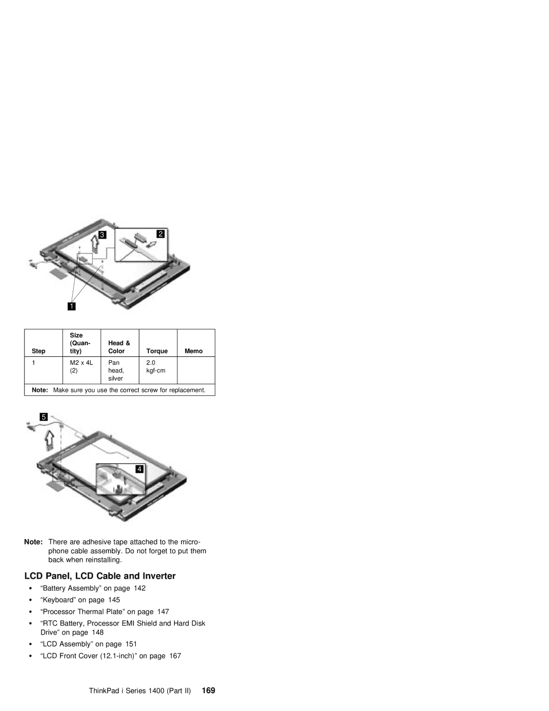 IBM 1400 (2611) manual LCD Panel, LCD Cable and Inverter, Size Quan Head Step Tity Color Torque Memo 