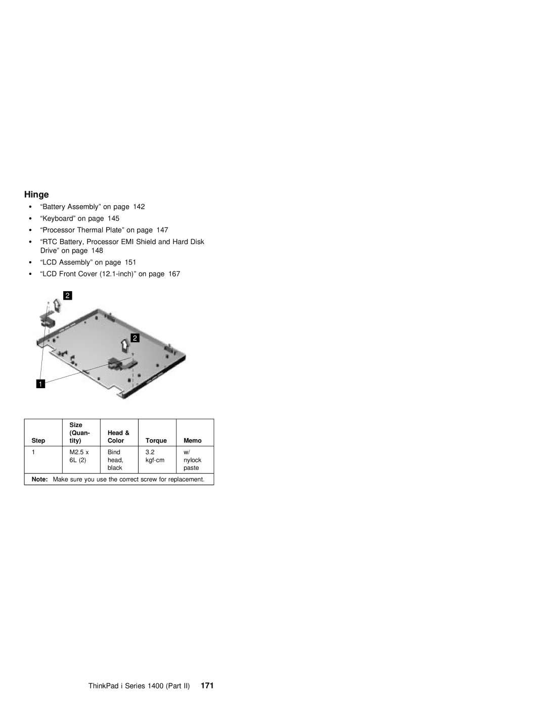 IBM 1400 (2611) manual Hinge, ThinkPad i Series 1400 Part171 