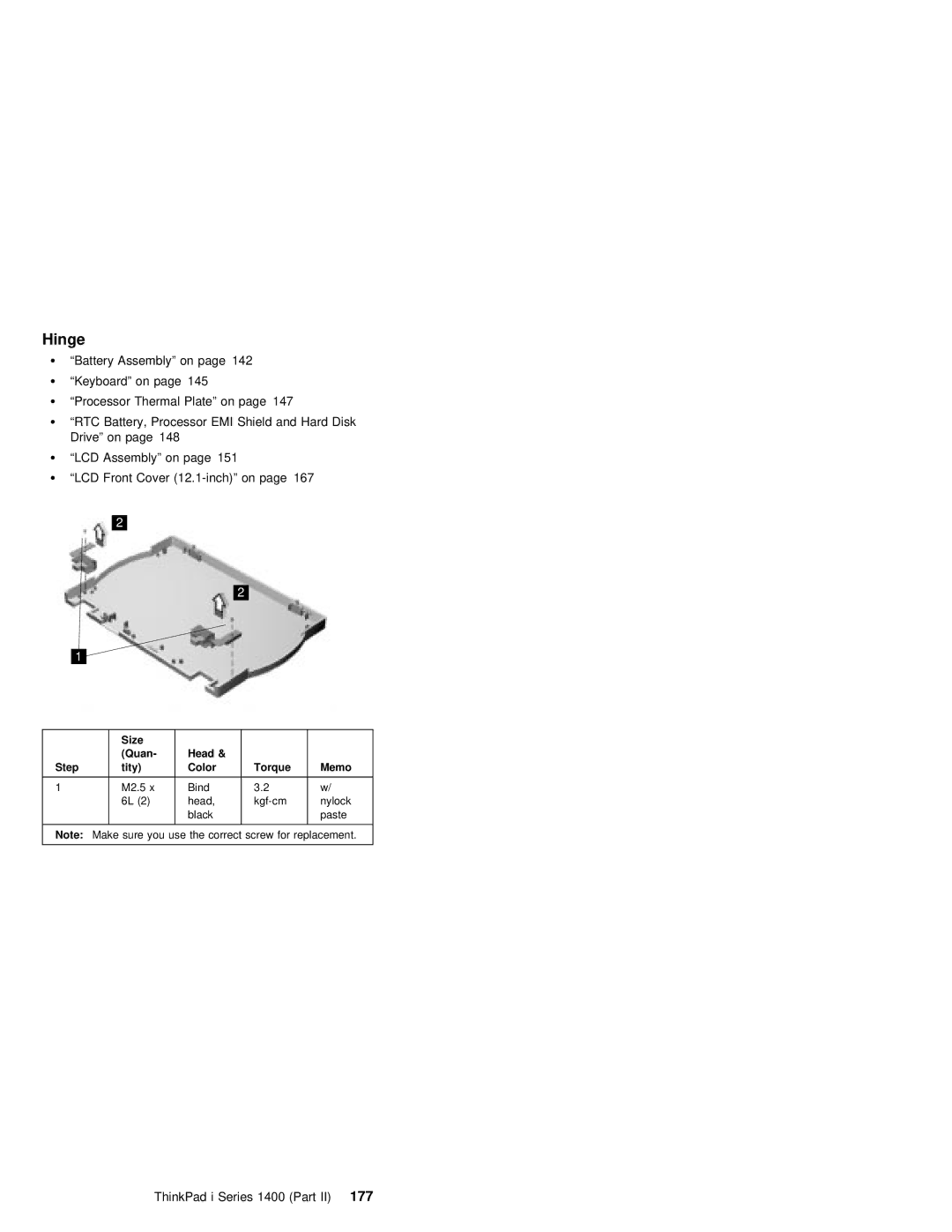 IBM 1400 (2611) manual Hinge, ThinkPad i Series 1400 Part177 