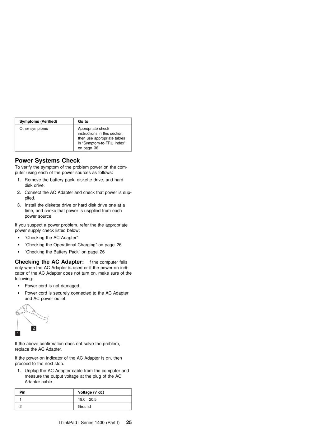 IBM 1400 (2611) manual Power Systems Check, Adapter, If the computer fails, ThinkPad i Series 1400 25Part 