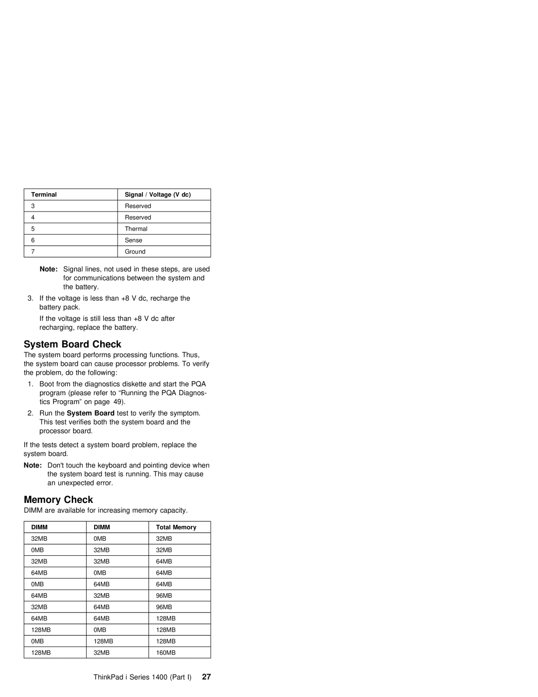 IBM 1400 (2611) manual System Board Check, Memory Check 