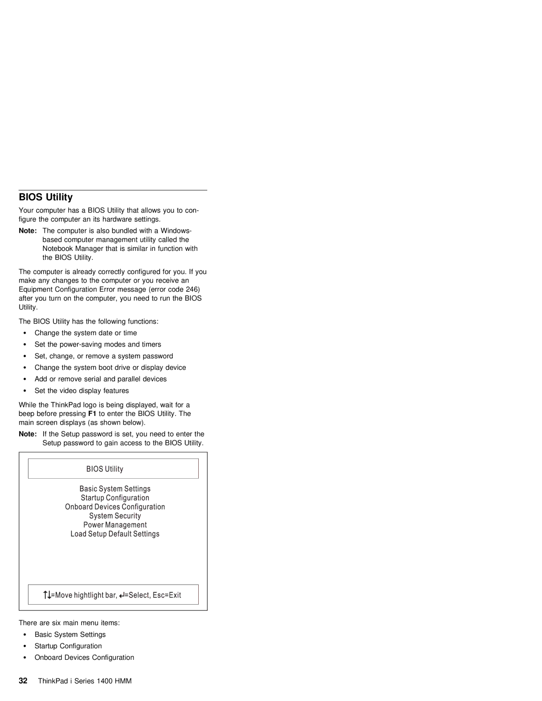 IBM 1400 (2611) manual Bios Utility 