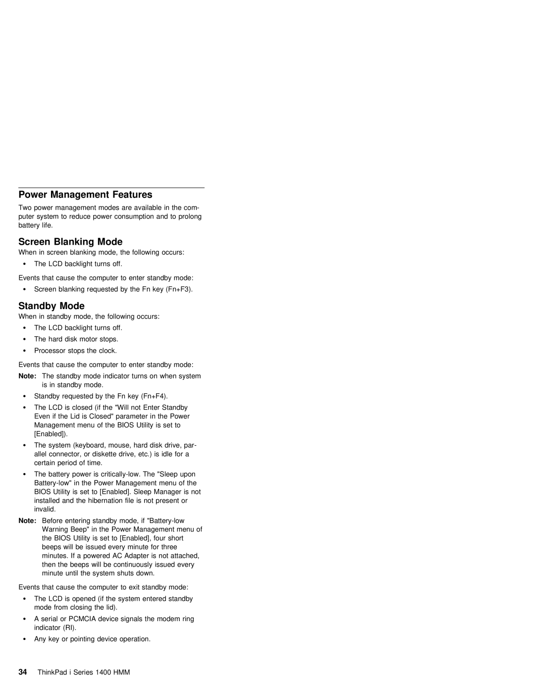 IBM 1400 (2611) manual Power Management Features, Screen Blanking Mode, Standby Mode 