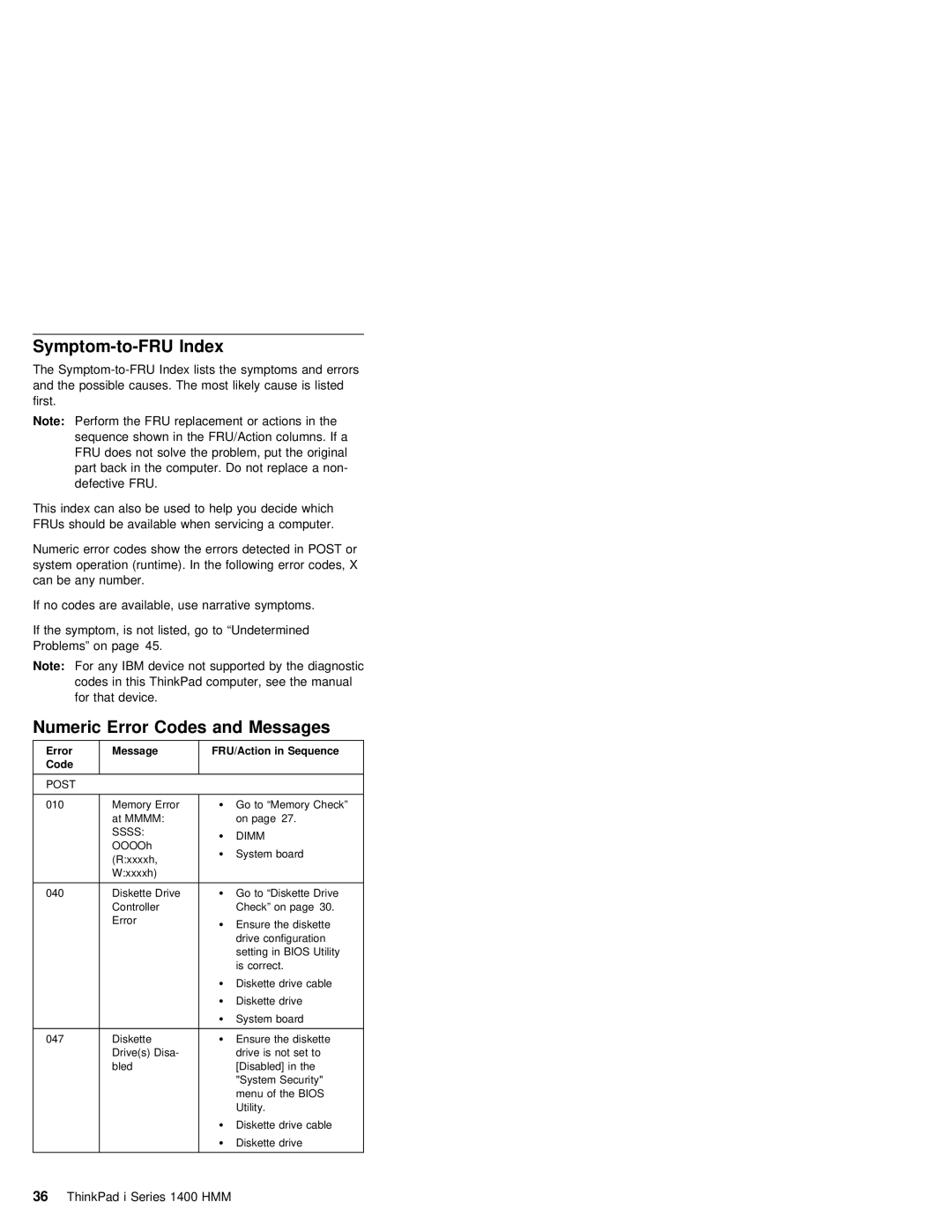 IBM 1400 (2611) manual Symptom-to-FRU Index, Numeric Error Codes and Messages, Message FRU/Action in Sequence 