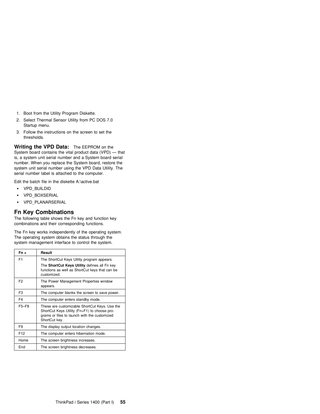 IBM 1400 (2611) manual Fn Key Combinations, Interface Control System, ThinkPad i Series 1400 55Part, Keys Utility 