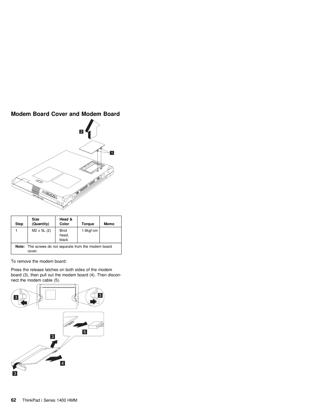 IBM 1400 (2611) manual Modem Board Cover and Modem Board, Board Nect Modem Cable ThinkPad i Series 1400 HMM, Size 