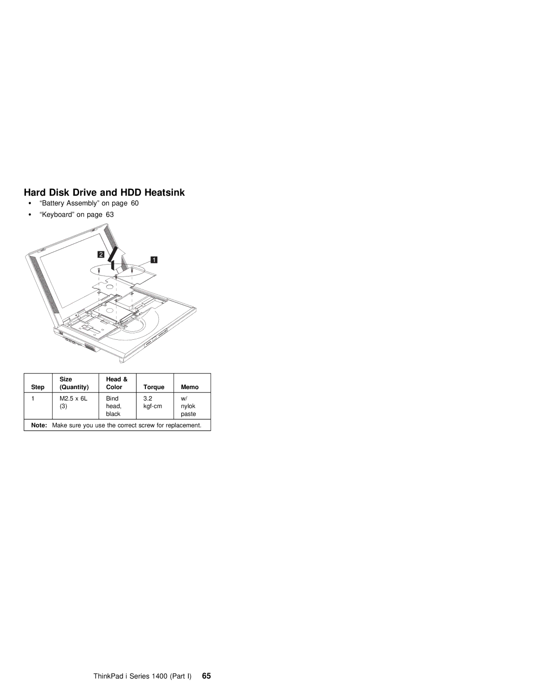 IBM 1400 (2611) manual Hard Disk Drive and HDD Heatsink, Battery Assembly on Keyboard on, ThinkPad i Series 1400 65Part 