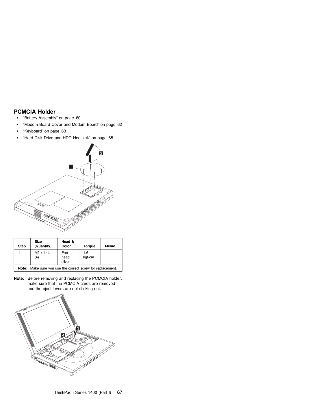 IBM 1400 (2611) manual Pcmcia Holder, Before Removing Replacing 