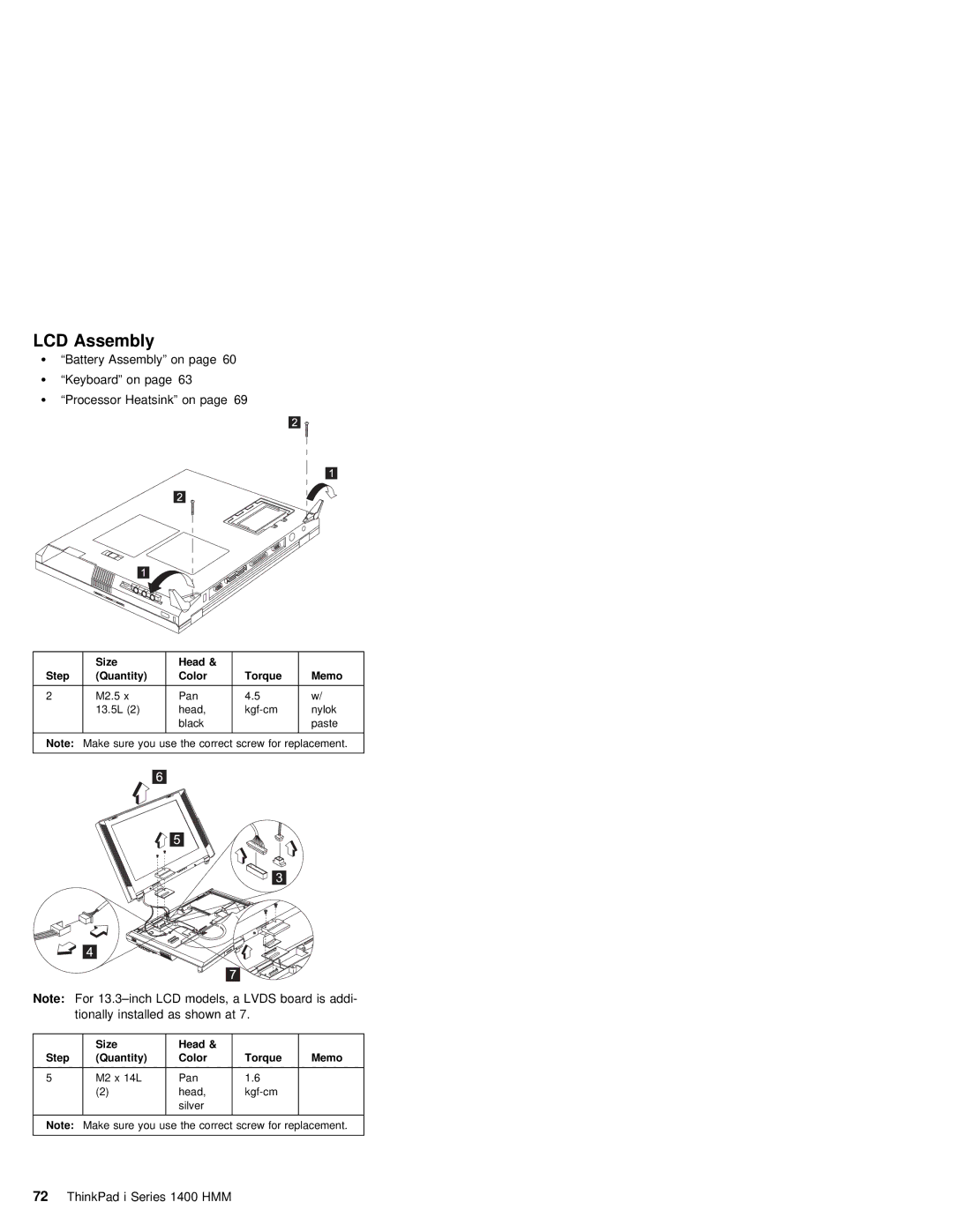 IBM 1400 (2611) manual LCD Assembly, Battery Assembly on Keyboard on Processor Heatsink on 