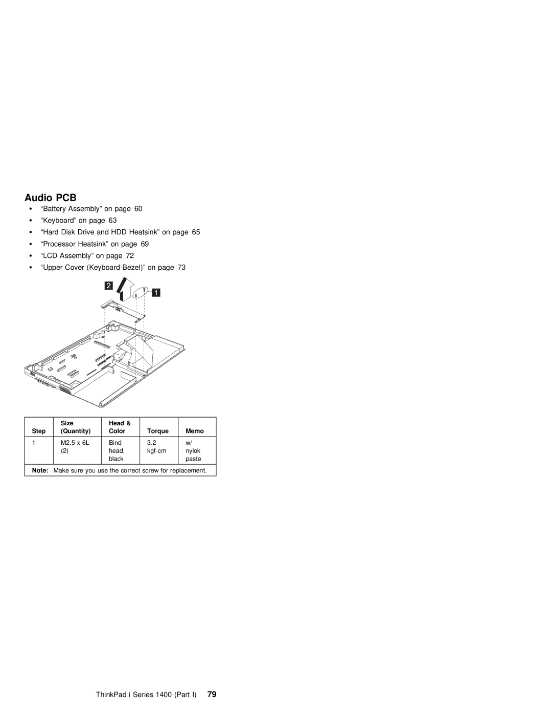 IBM 1400 (2611) manual Audio PCB, ThinkPad i Series 1400 79Part 