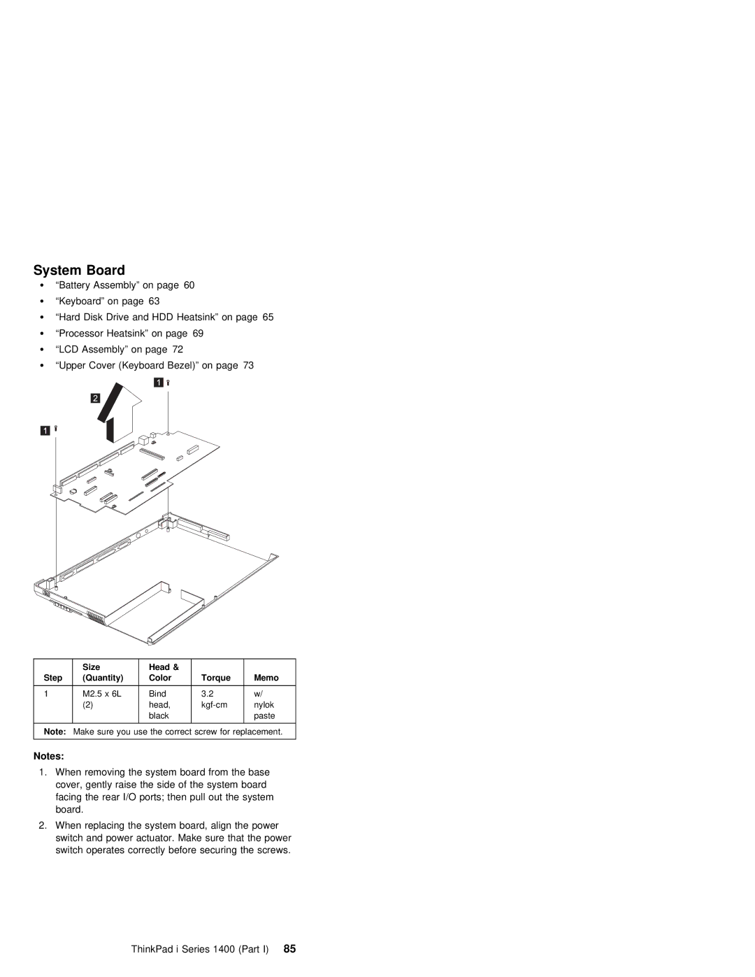 IBM 1400 (2611) manual System Board, Head Step Quantity Color Torque Memo 