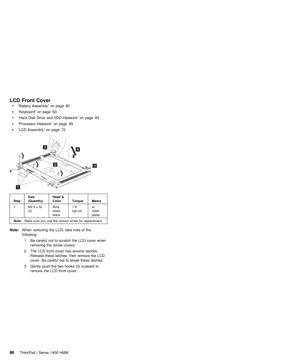 IBM 1400 (2611) manual LCD Front Cover, Quantity Color Torque Memo 