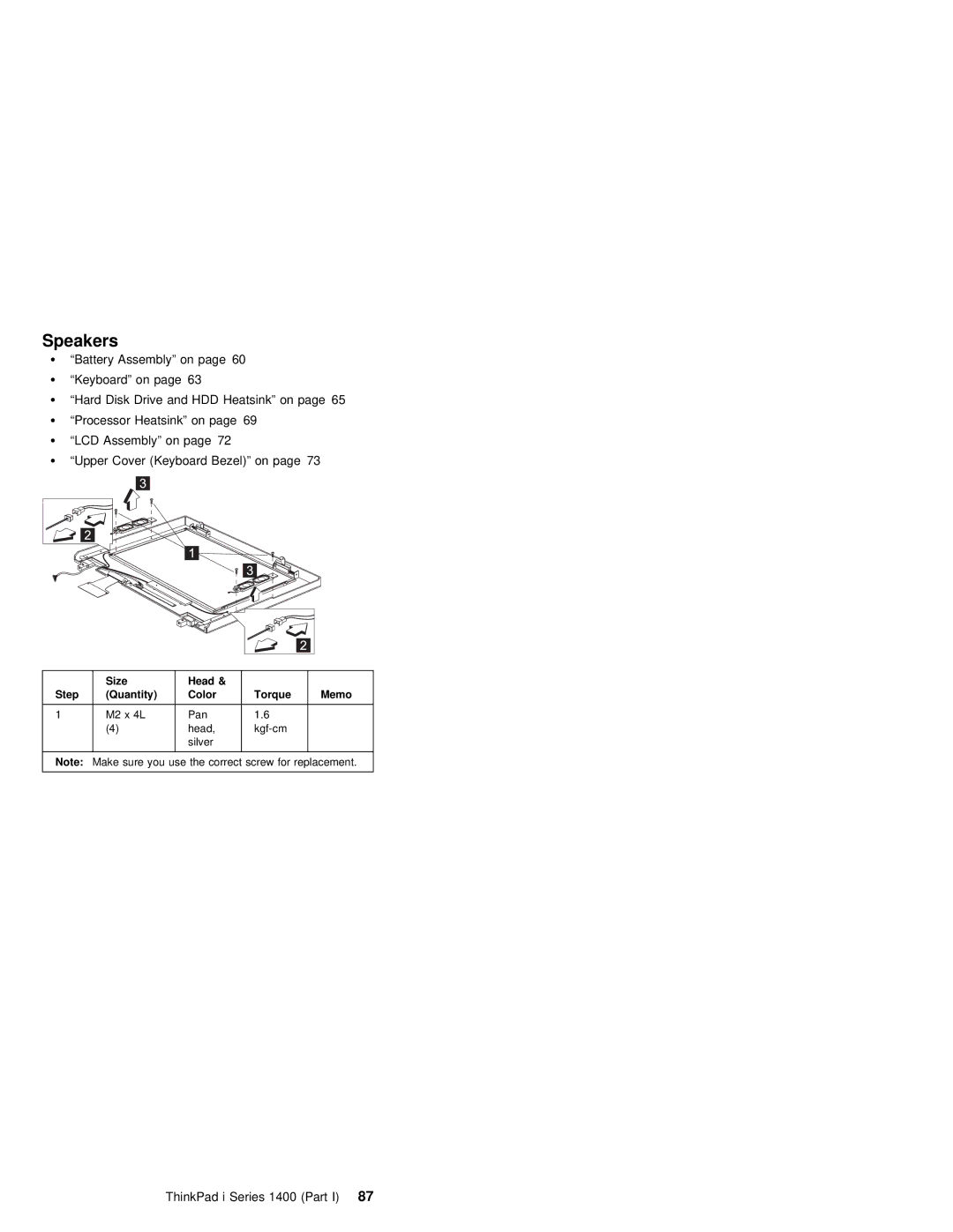 IBM 1400 (2611) manual Speakers, ThinkPad i Series 1400 87Part 