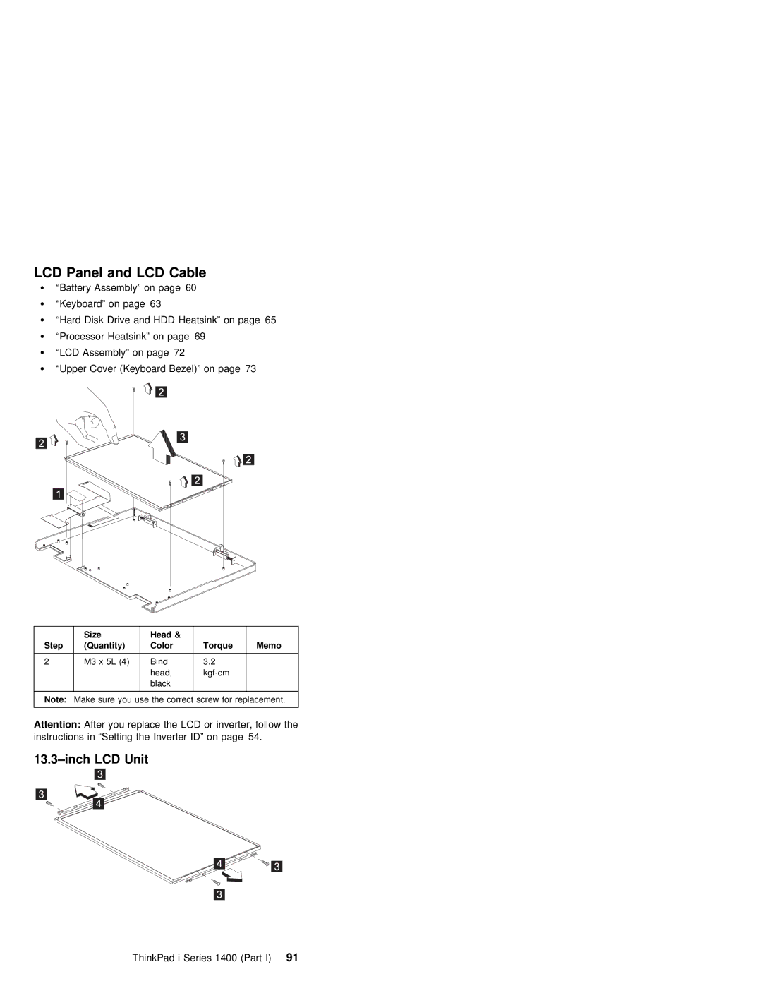 IBM 1400 (2611) manual LCD Panel and LCD Cable, Inch LCD Unit, ThinkPad i Series 1400 91Part 