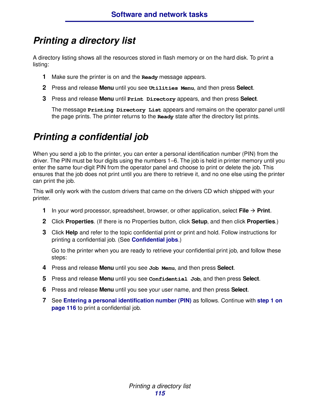 IBM 1422 manual Printing a directory list, Printing a confidential job 