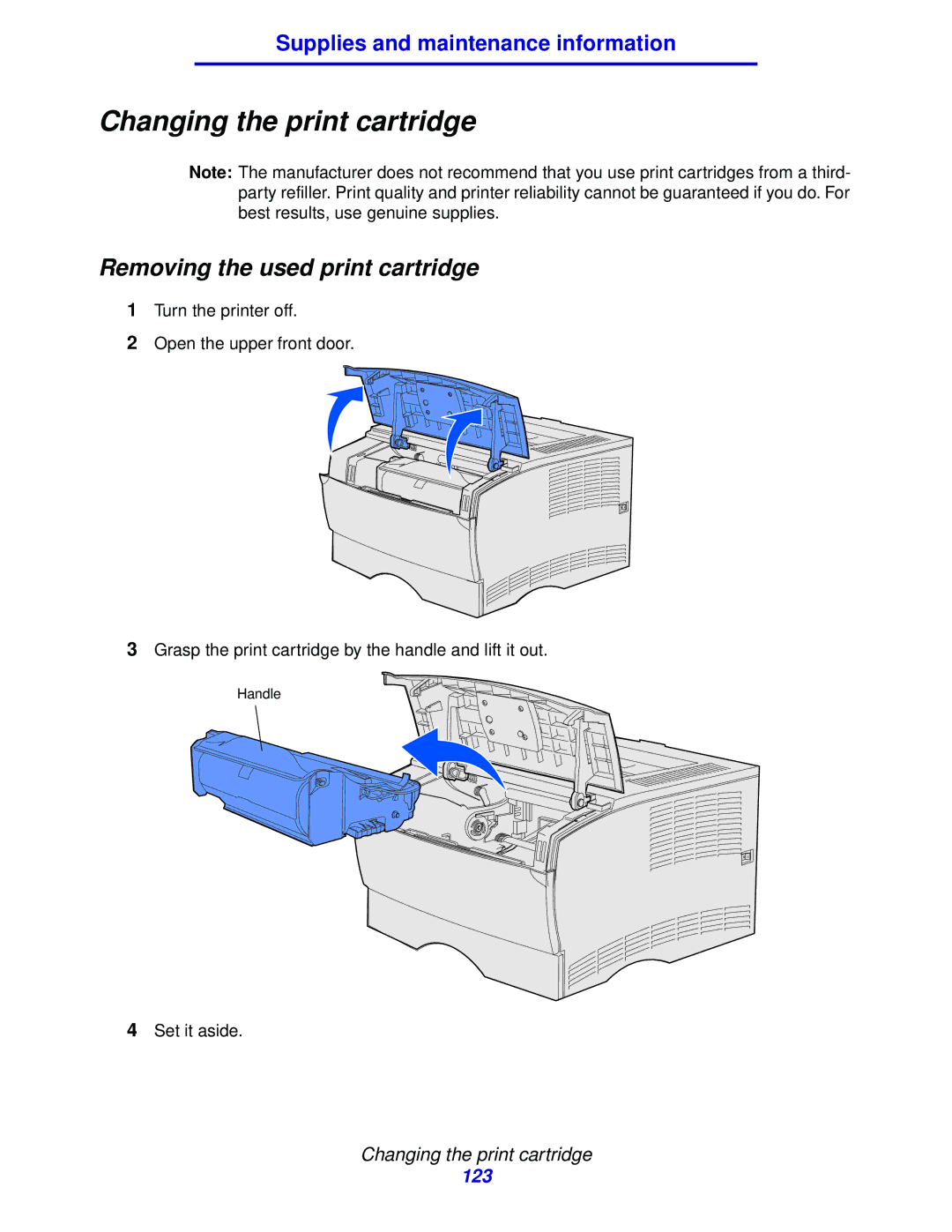 IBM 1422 manual Changing the print cartridge, Removing the used print cartridge 