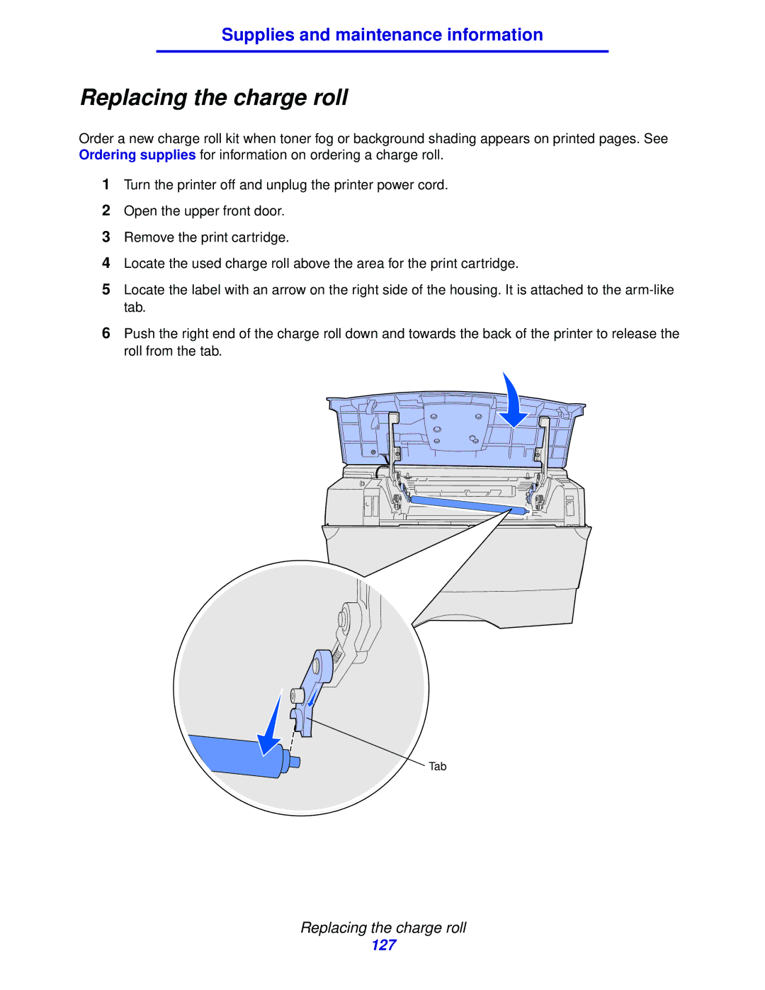 IBM 1422 manual Replacing the charge roll 