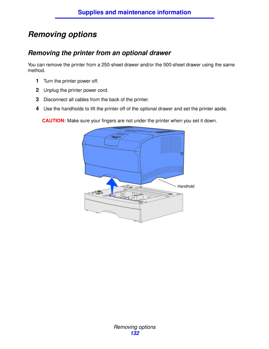 IBM 1422 manual Removing options, Removing the printer from an optional drawer 