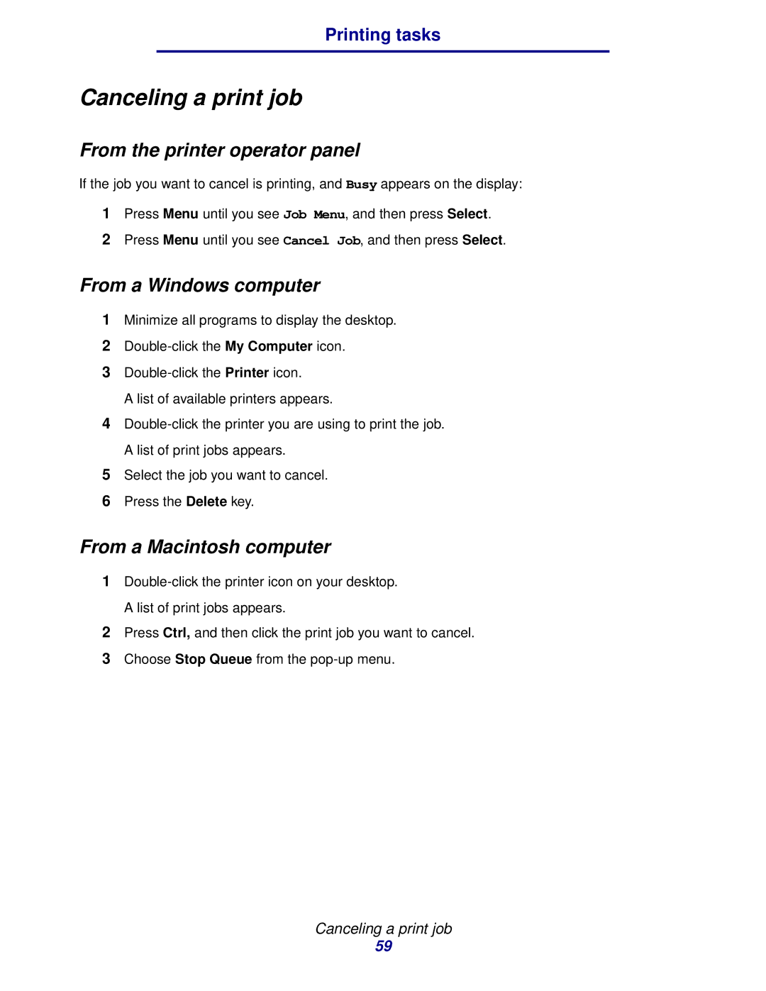 IBM 1422 manual Canceling a print job, From the printer operator panel, From a Windows computer, From a Macintosh computer 