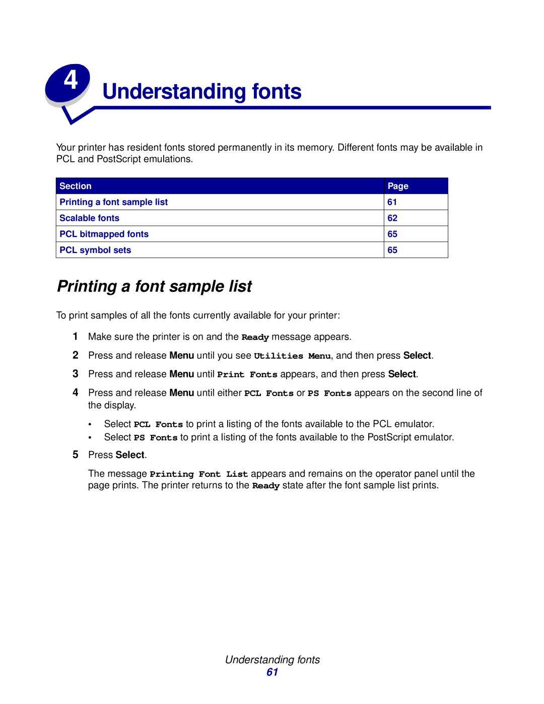 IBM 1422 manual Understanding fonts, Printing a font sample list 