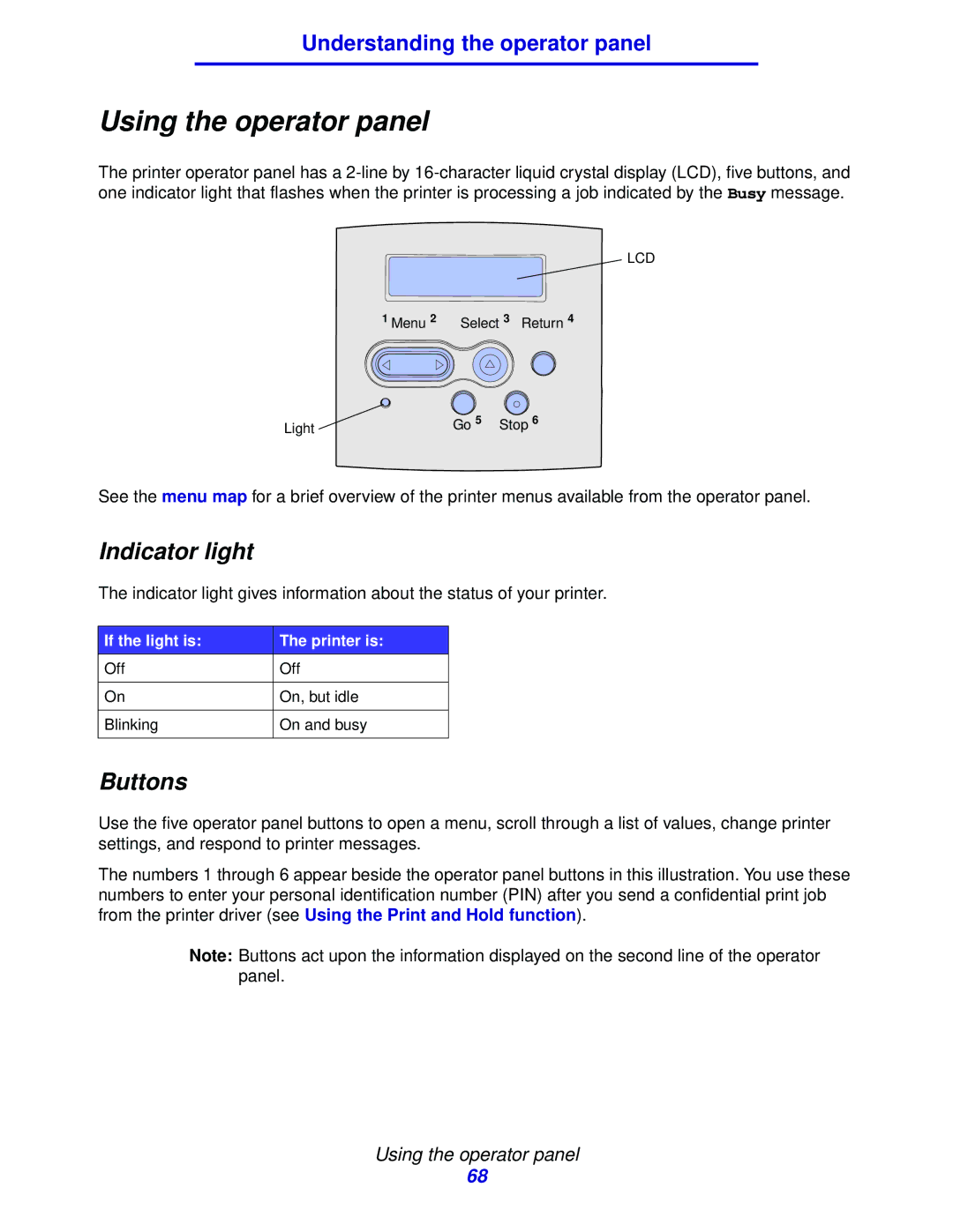 IBM 1422 manual Using the operator panel, Indicator light, Buttons 