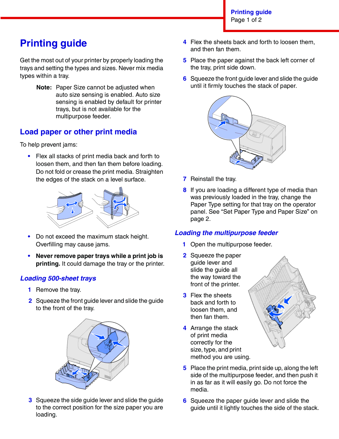 IBM 1464, 1454 Printing guide, Load paper or other print media, Loading 500-sheet trays, Loading the multipurpose feeder 